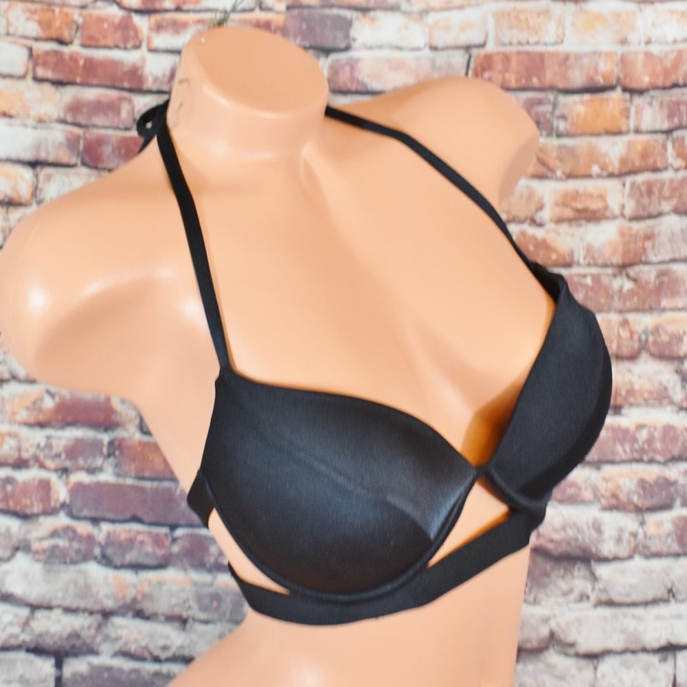 Victorias Secret 34D Swim The Hottie Halter bikini Top Black Push Up Strappy